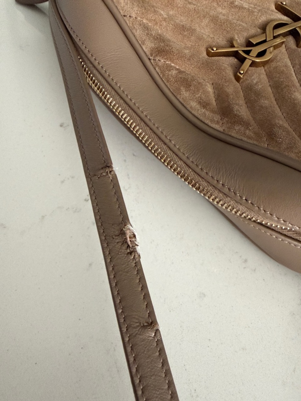 Saint Laurent Taupe Suede Quilted Crossbody with Gold YSL - Picture 9 of 9